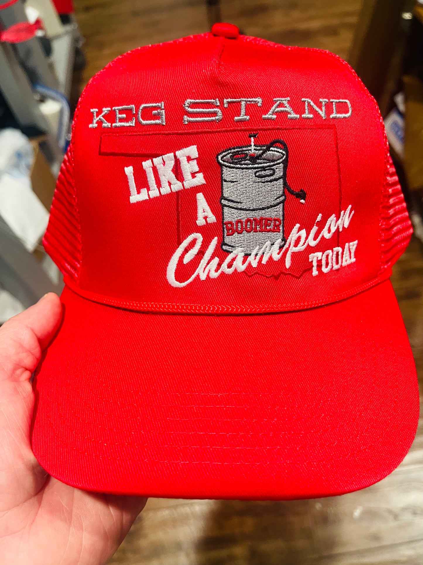 Keg stand like a champ Boomer trucker hat